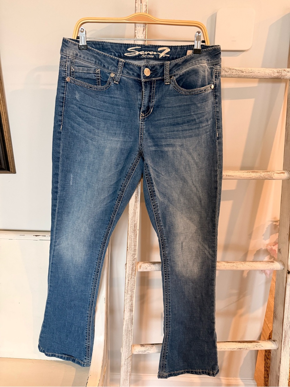 7 For all Mankind Rocker Slim Boot Jeans Women Sz 12 Blue Distressed+Stretch L29